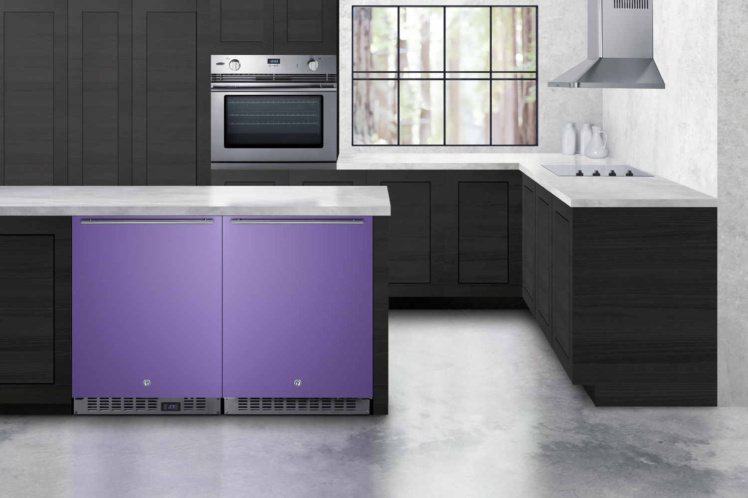 24 in. wide built-in undercounter ADA compliant all-refrigerator with lavender purpose door, stainless steel handle and kickplate, and black cabinet
